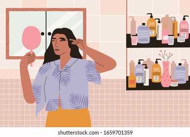 Woman applying mascara on her eyelashes. Woman doing makeup. Girl standing in bathroom holing mascara brush and little oval mirror. Concept of beauty, skincare, makeup. Flat vector illustration