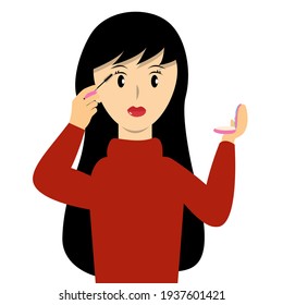 Woman applying mascara on her eyelashes cartoon vector. Beautiful girl looking at mirror and make up at the same time.