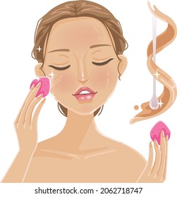 Woman applying moisturizer foundation cream beige makeup or bb cream with a pink sponge.