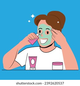 Woman applying moisturizer on her face. Self-love and self-esteem concept. Vector illustration