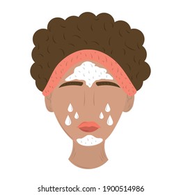 woman applying moisturizing cream, care of skin daily routine vector illustration