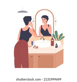 Woman applying moisturizing cream in front of mirror in bathroom. Skincare, beauty routine. Female caring about face skin with cosmetic product. Flat vector illustration isolated on white background