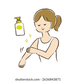 Woman applying moisturizing cream on her arm.