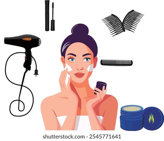 Mujer aplicando crema facial hidratante rodeada de productos de belleza como secador de pelo, rímel, peine de pestañas y peine para el cabello