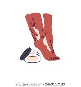 Mujer aplicando crema hidratante o nutritiva en las piernas. A la chica le importan sus pies, la piel y el peeling con exfoliante corporal. Masaje con cosméticos para el cuidado de la piel en spa. Ilustración vectorial plana aislada sobre blanco