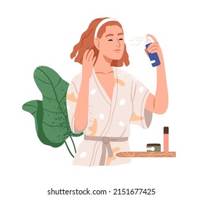 Woman applying moisturizing spray on face skin. Eco natural facial skincare essence. Girl with liquid moisturizer, beauty care product. Flat graphic vector illustration isolated on white background