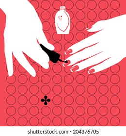 Woman applying nail polish on fingers. Manicure. Vector illustration