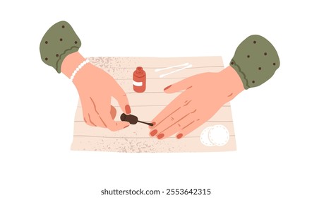 Woman applying nail polish, varnish with brush. Self-care beauty routine, neat red manicure. Female girls hands during fingernail treatment. Flat vector illustration isolated on white background