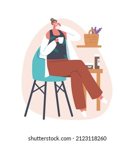 Woman Applying Natural Mask. Female Character with Eye Pads Drink Tea while Apply Moisturizing Mask, Bath Spa, Hygiene Procedures, Body and Skin Care Treatment, Relaxation. Cartoon Vector Illustration
