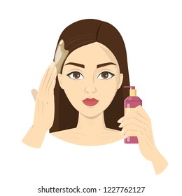 Woman applying oil after washing. Beauty procedure at home after the shower. Process of hair treatment. Isolated vector illustration