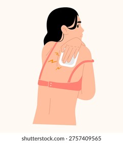 Woman applying pain relief patch on back, healthcare and body pain concept