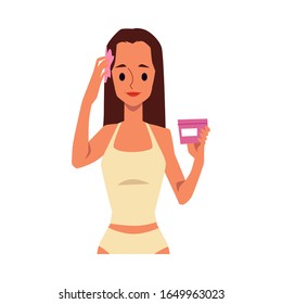 Woman applying pink hair conditioner from a jar - cartoon character using moisturising hair mask or styling gel during morning routine. Flat isolated vector illustration.