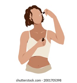 Woman applying serum on her face with a pipette. Facial skin care ritual. Young attractive caucasian female apply anti-age skincare treatment, abstract vector illustration isolated on white background