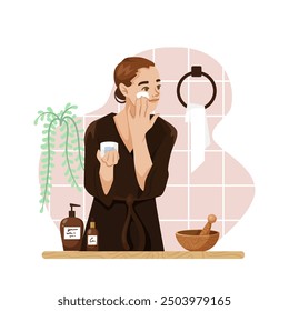 Woman applying skincare cream in bathroom. Vector illustration