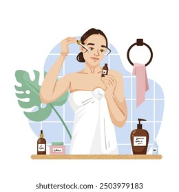 Woman applying skincare product in bathroom. Vector illustration