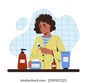 Woman applying skincare products, cartoon style, on tiled background. Concept of beauty and self-care. Vector illustration