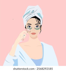 Woman applying skincare products with a towel on her head. A vector illustration suitable for beauty blogs, skincare tutorials, or spa promotions. Jade roller held by women's hands, a set of Gua Sha