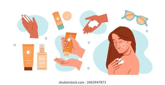 Woman applying SPF sunscreen and use sunglasses to protect her skin, lips and eyes from sunburn. UV protection by sun overexposure concept. Vector illustration.