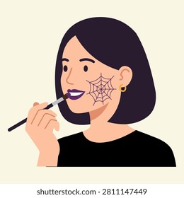 Woman applying spider web makeup on face for Halloween, flat design