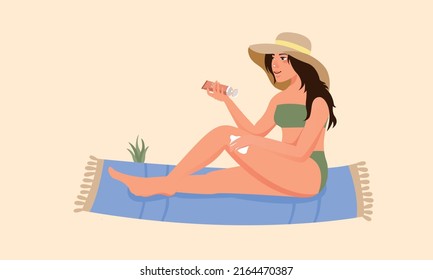Woman applying sunscreen on body. Beauty and health skin protection concept. Vector illustration of using SPF cream.