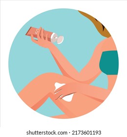 Woman applying sunscreen on body at the beach. Beauty and health skin protection concept. Vector illustration