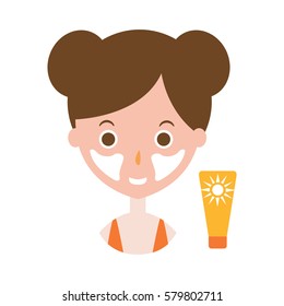 Woman Applying Sunscreen On Cheeks To Protect The The Face From Sunburn, Part Of Summer Beach Vacation Series Of Illustrations