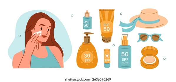 Woman applying sunscreen on her face. Straw hat, sunglasses, spf cream, lotion, serum, lip balsam and other sun protection products collection. Vector illustration.