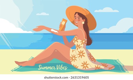 Woman applying sunscreen while sitting on beach towel, wearing summer dress and hat, enjoying sunny day by the ocean, embodying relaxation and summer vibes