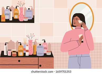 Woman Applying Tone Cream On Her Face. Woman Doing Makeup. Girl Standing In Bathroom Holing Sponge In One Hand And Tone Cream In Another. Concept Of Beauty, Skincare, Makeup. Flat Vector Illustration