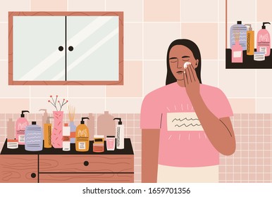 Woman applying toner on her face. Woman doing makeup. Girl standing in bathroom holing cotton pad with toner on it. Concept of beauty, skincare, makeup. Flat vector illustration