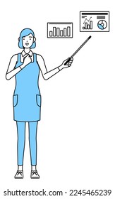 A woman in an apron analyzing a performance graph.