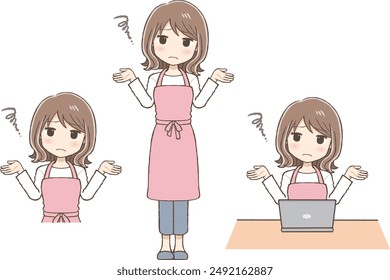 A Woman in an Apron with Both Hands Raised and an Exasperated Expression (Full Body, Upper Body, at a Computer)