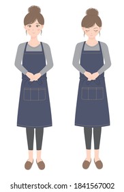 Woman in an apron bowing
Woman in a standing apron