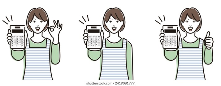 A woman in an apron with a calculator