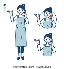 A woman in a apron with Call on smartphone images.
It's vector art so it's easy to edit.
