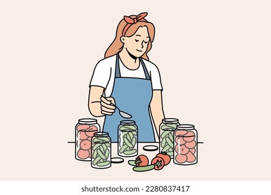 Woman in apron canning vegetables in bottles in kitchen. Housewife conserve veggies at home. Household and nutrition. Vector illustration. 