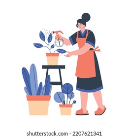 Woman in apron caring for flowers flat style, vector illustration isolated on white background. Household character, domesticity, smiling woman in slippers