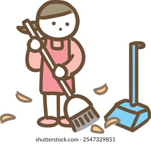 A woman in an apron collecting fallen leaves with a broom