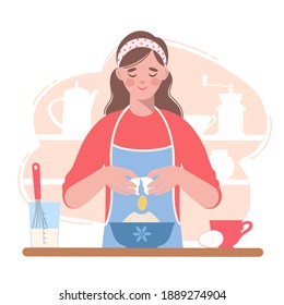 Woman in an apron is cooking in the kitchen, kneading dough. She's holding an egg.  Vector illustrations.