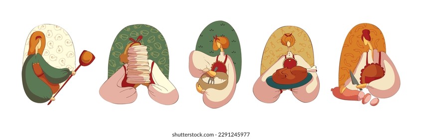 Woman in Apron Cooking Meal Engaged in Culinary Vector Set