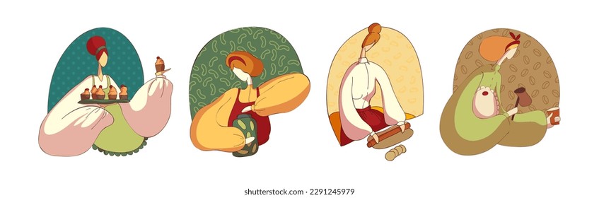 Woman in Apron Cooking Meal Engaged in Culinary Vector Set