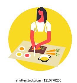 Woman in apron cooks food and serves in bowls. Female character prepares dishes on table.