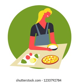 Woman in apron cooks food and serves in bowls. Female character prepares dishes on table.