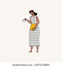 Mujer en delantal con taza de café. Ilustración vectorial plana.