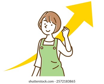 A woman in an apron doing a fist pump and an upward arrow