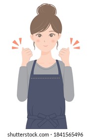 A woman in an apron doing a guts pose