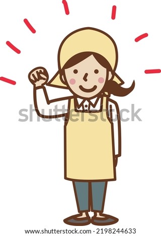 A woman in an apron doing a guts pose.
