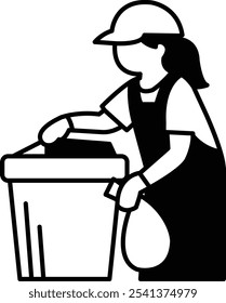 A woman in a apron is emptying a trash can