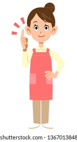 A woman with an apron explaining the main points
