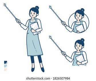 A woman in a apron with Explanation with a pointing stick image.
It's vector art so it's easy to edit.
